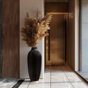 Large Black Vase with Metal Golden Floor Standing Vase Modern Honeycomb Texture Big Standing Vase